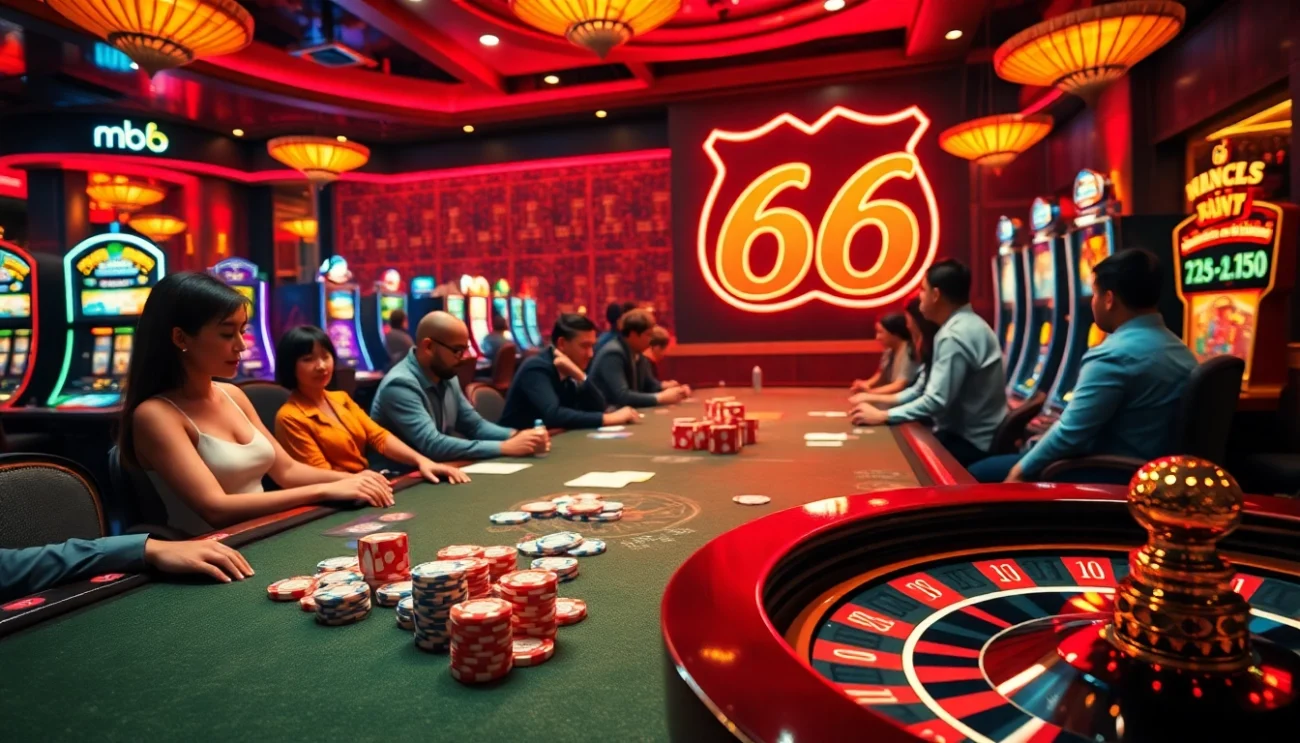 Experience thrilling poker action at mb66, a vibrant casino with colorful chips and lively players.