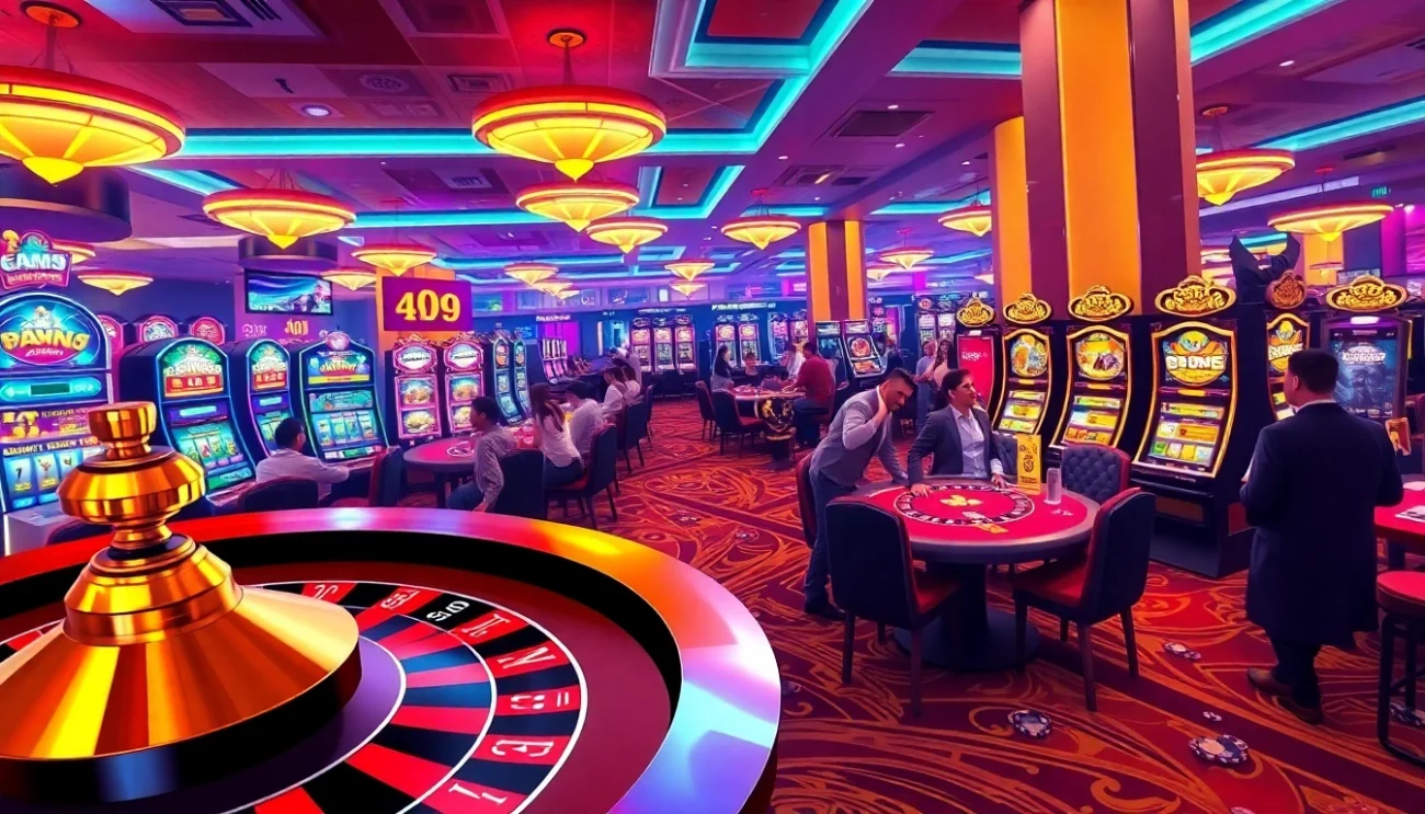 NEW88 casino floor featuring an exciting roulette wheel and diverse casino games with players engaged in thrilling betting actions.