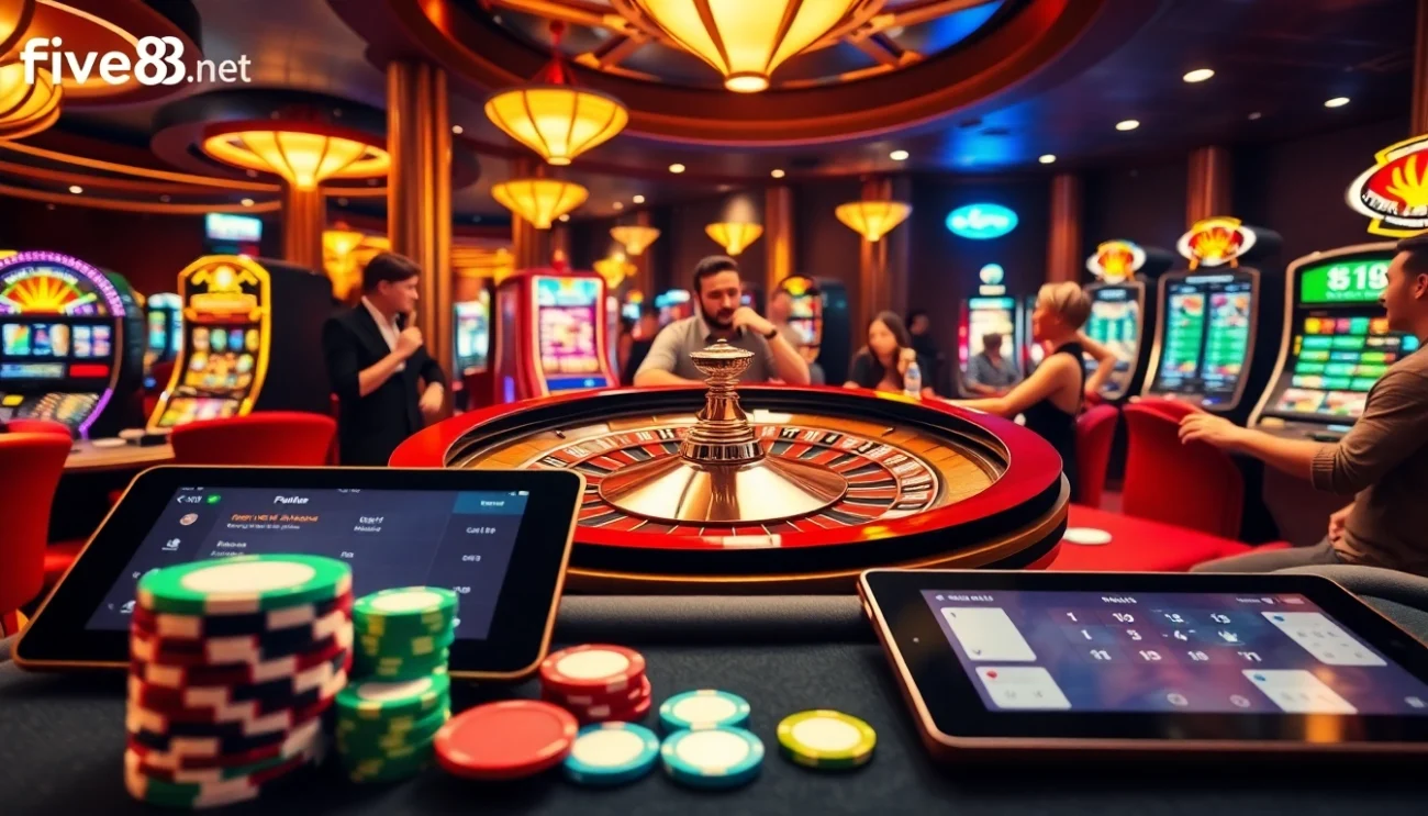 Casino scene capturing the thrill of players at five88g.net, showcasing roulette, slot machines, and poker games.