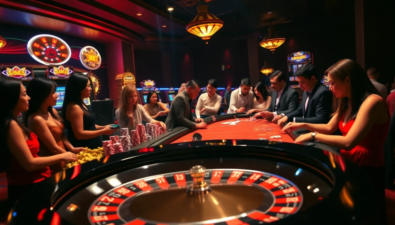 Gamblers enjoying a thrilling moment at the roulette table at , surrounded by colorful chips and slot machines.