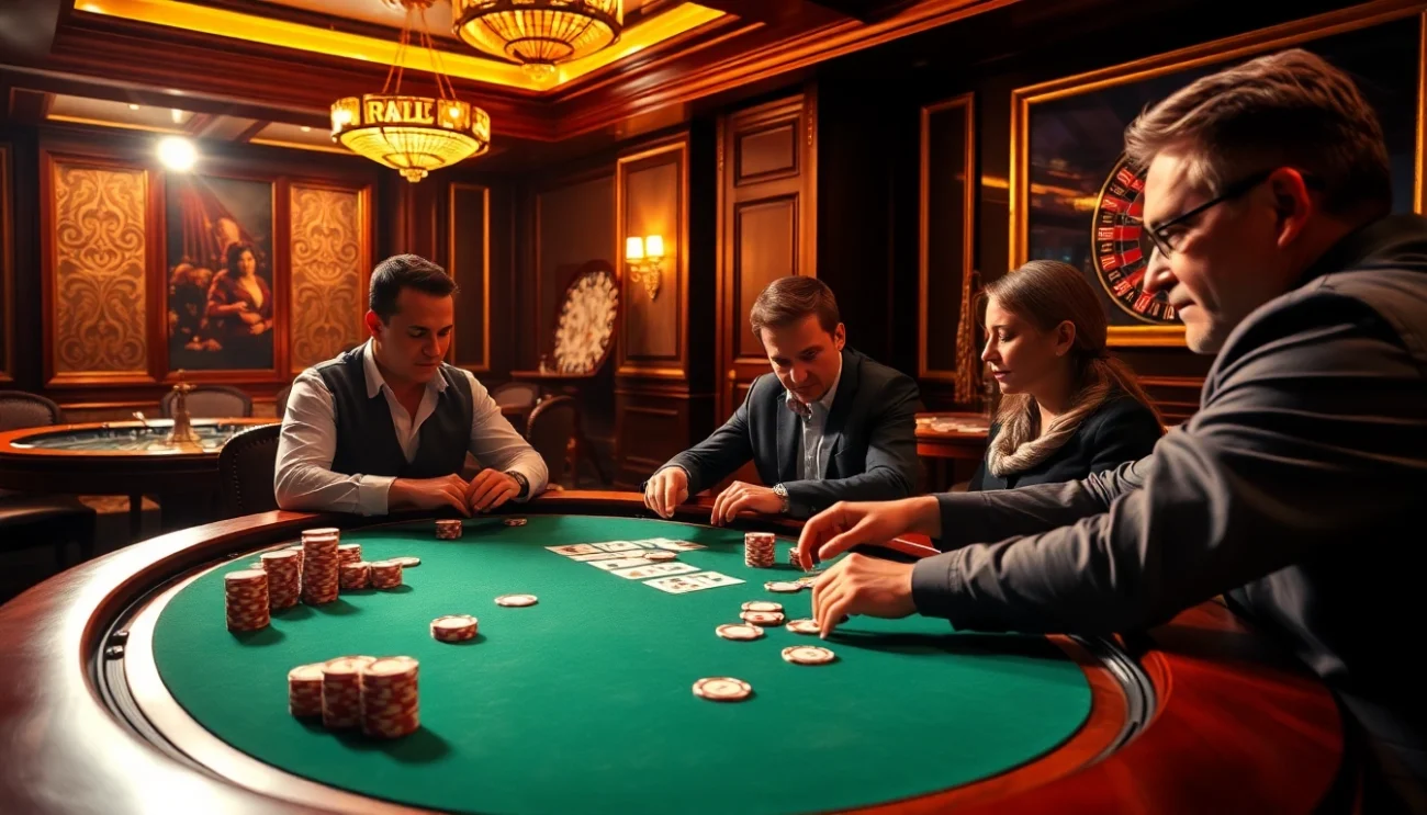 High-stakes poker scene showcasing https://ok8386a.com/ with players and colorful chips.