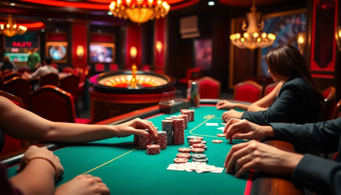 Experience the thrill of high-stakes poker at tx88d.com with vibrant casino scenes, poker tables, and eager players.
