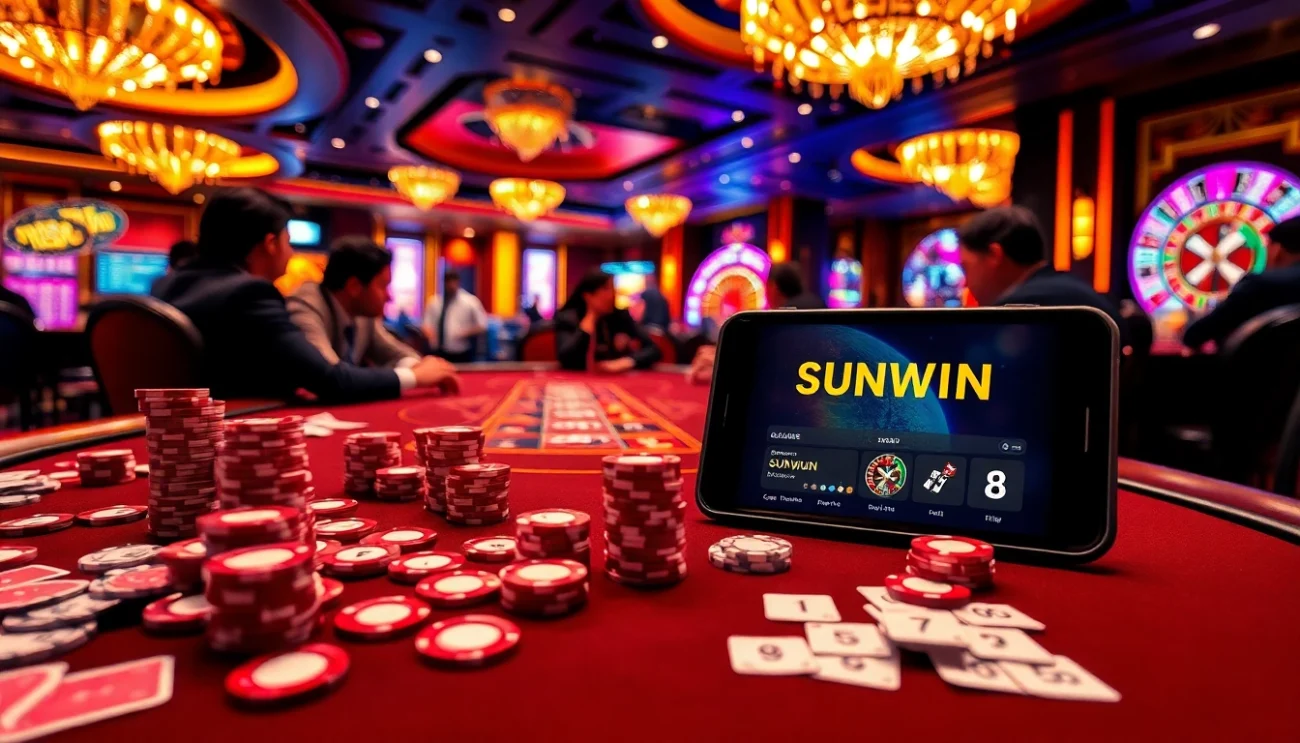 Experience the thrilling atmosphere of SUNWIN.COM in a high-stakes poker game, with players focused and poker chips scattered.