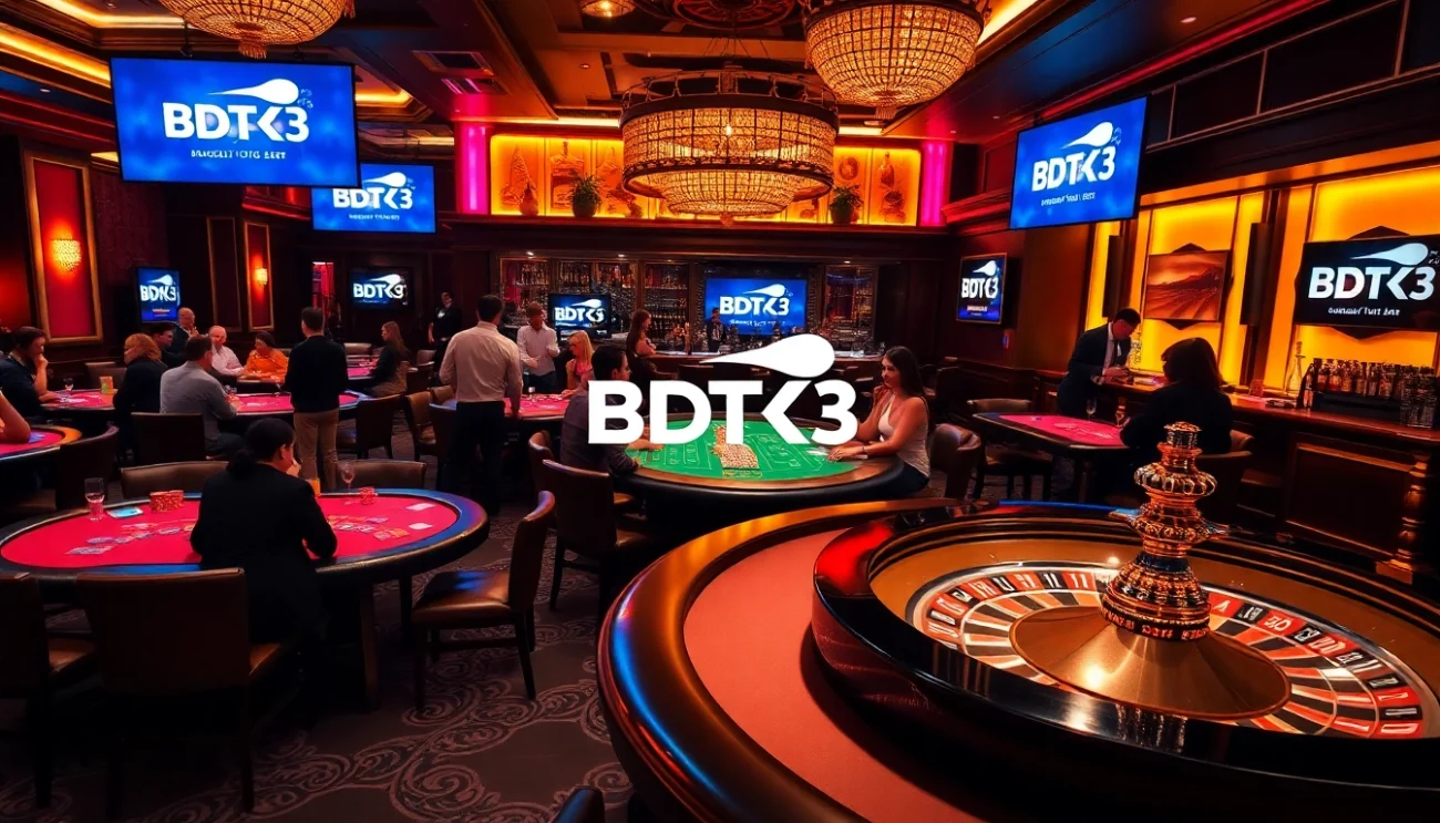 Experience the thrilling excitement of BDTK3 casino table games with players enjoying poker and roulette.