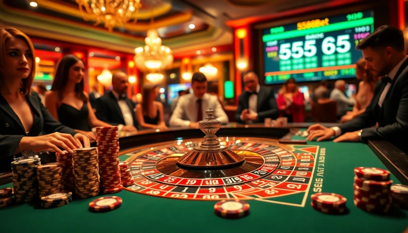 Experience the excitement of 5588bet at a roulette table with players placing bets and vibrant chips scattered.
