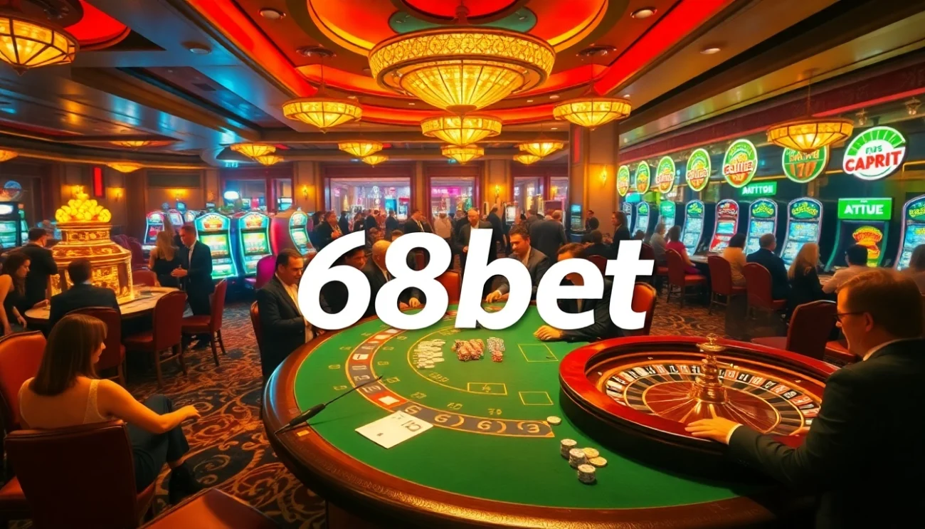 68bet players engaging at a vibrant poker table in a bustling casino.