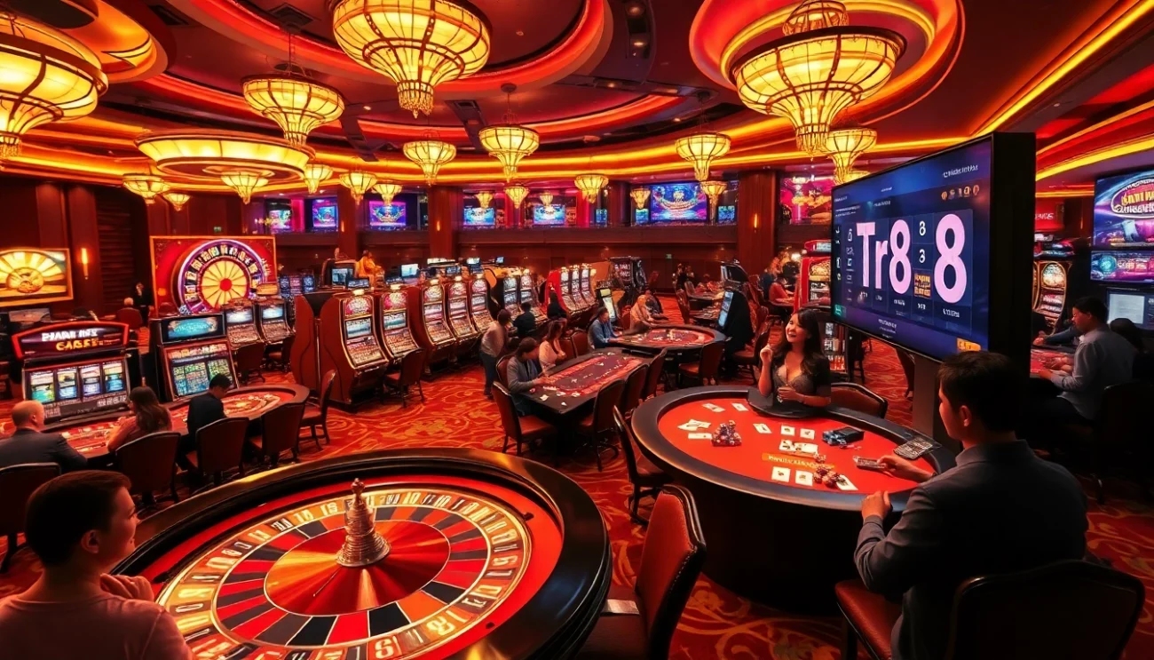 Experience Tr88 Trang chủ as players celebrate wins at vibrant casino tables, surrounded by high-stakes excitement.