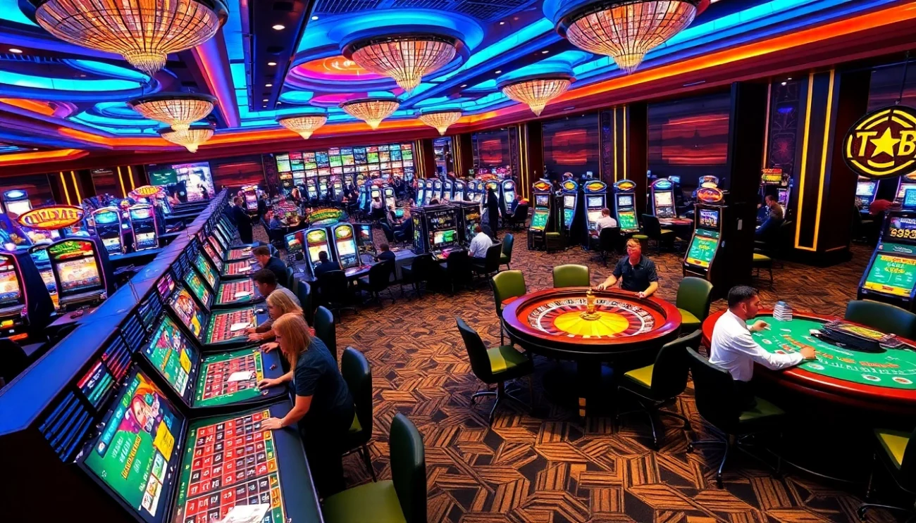 Experience the excitement of TG88 casino with players enjoying poker and roulette under vibrant lights.